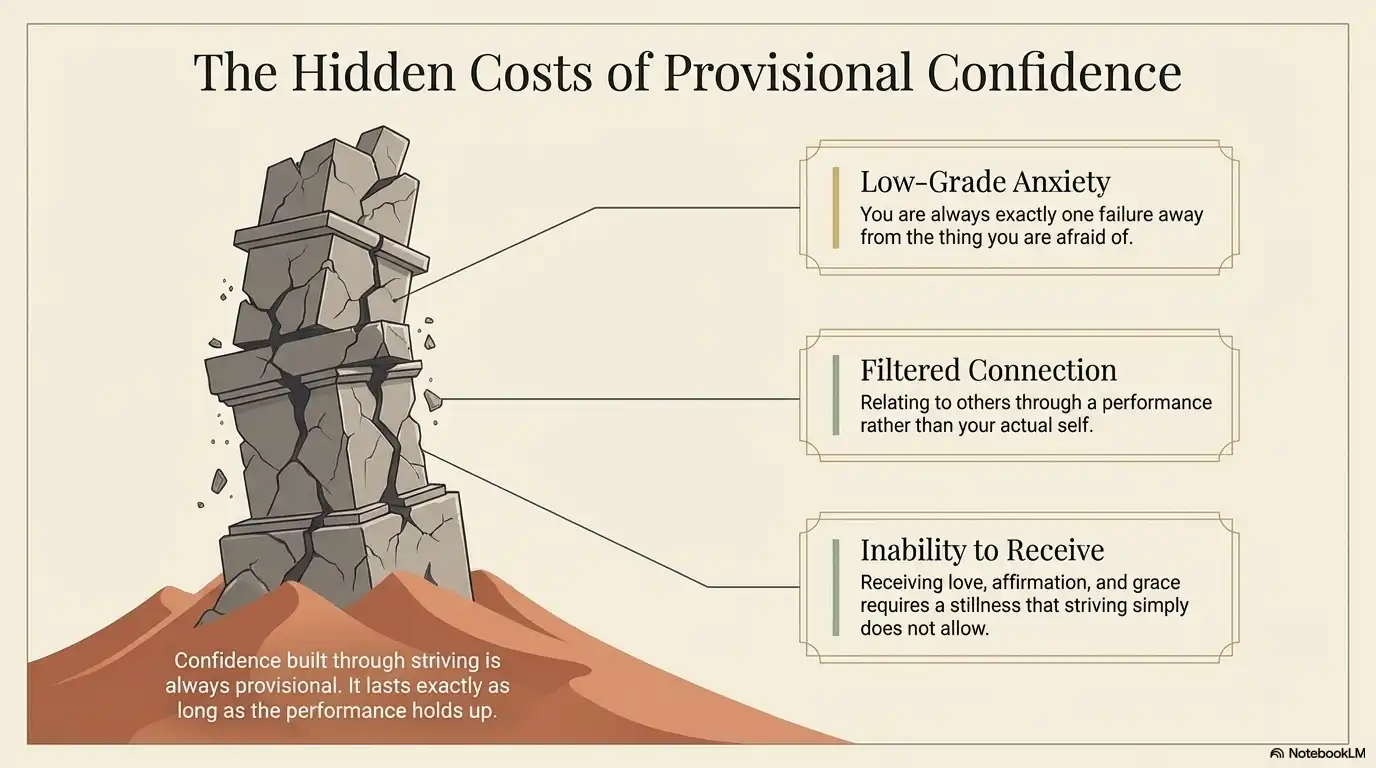 Motivational graphic showing the hidden costs of provisional confidence, including anxiety, filtered connection, and inability to receive.