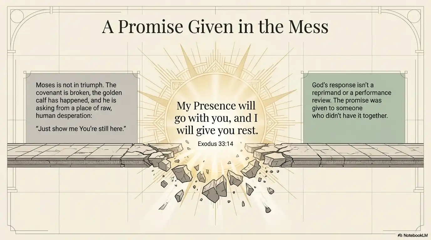 Motivational faith graphic about God's presence, rest, and promise given in the middle of brokenness and mess.