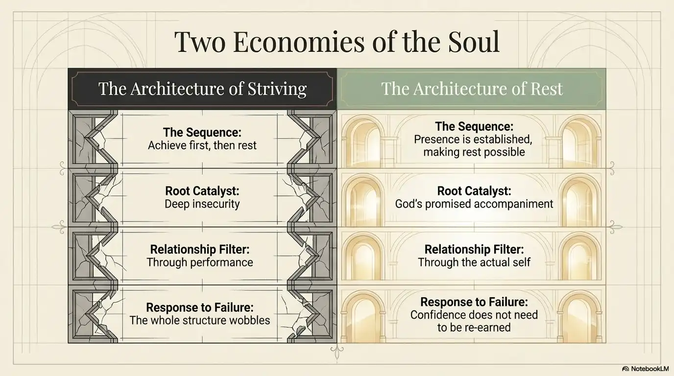 Motivational faith graphic comparing the architecture of striving and the architecture of rest.