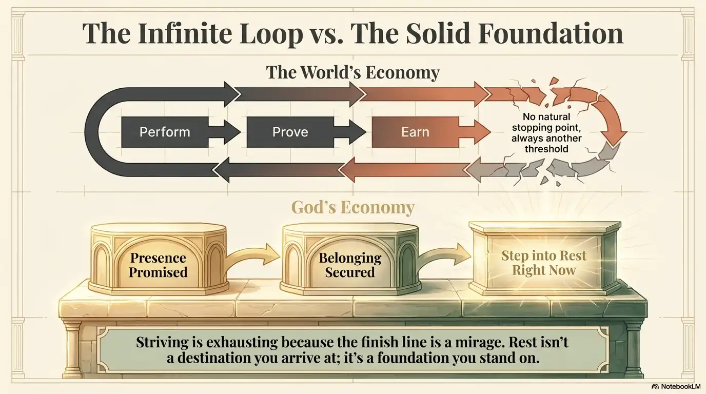 Motivational faith graphic comparing the world's economy of perform-prove-earn with God's economy of presence, belonging, and rest.
