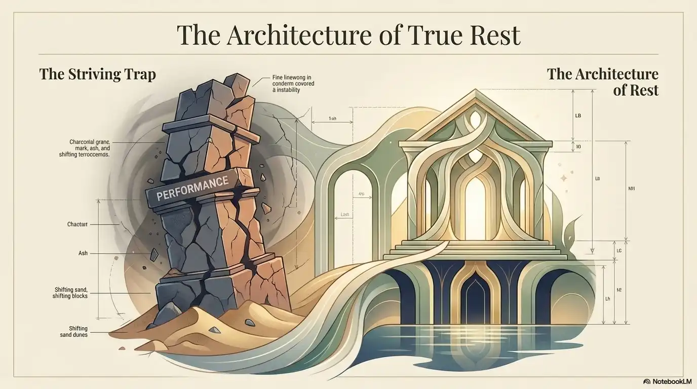 Motivational faith graphic contrasting the striving trap with the architecture of true rest.