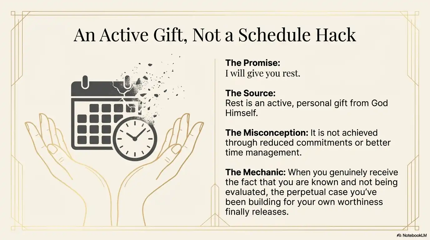 Motivational faith graphic about rest as an active gift from God, not a schedule hack or time management trick.