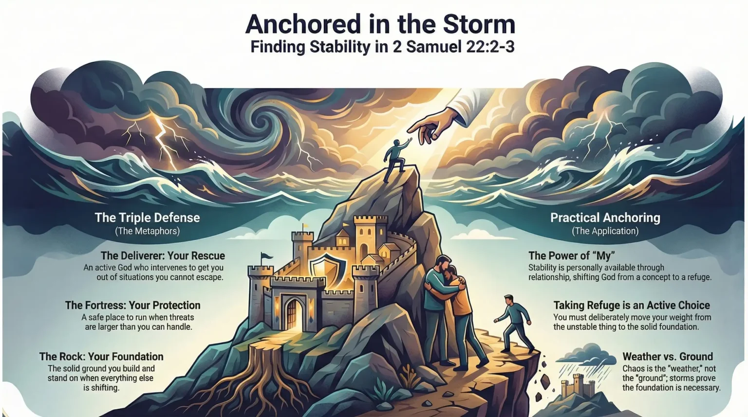 Motivational faith infographic about finding stability in the storm through rescue, protection, foundation, and practical refuge.