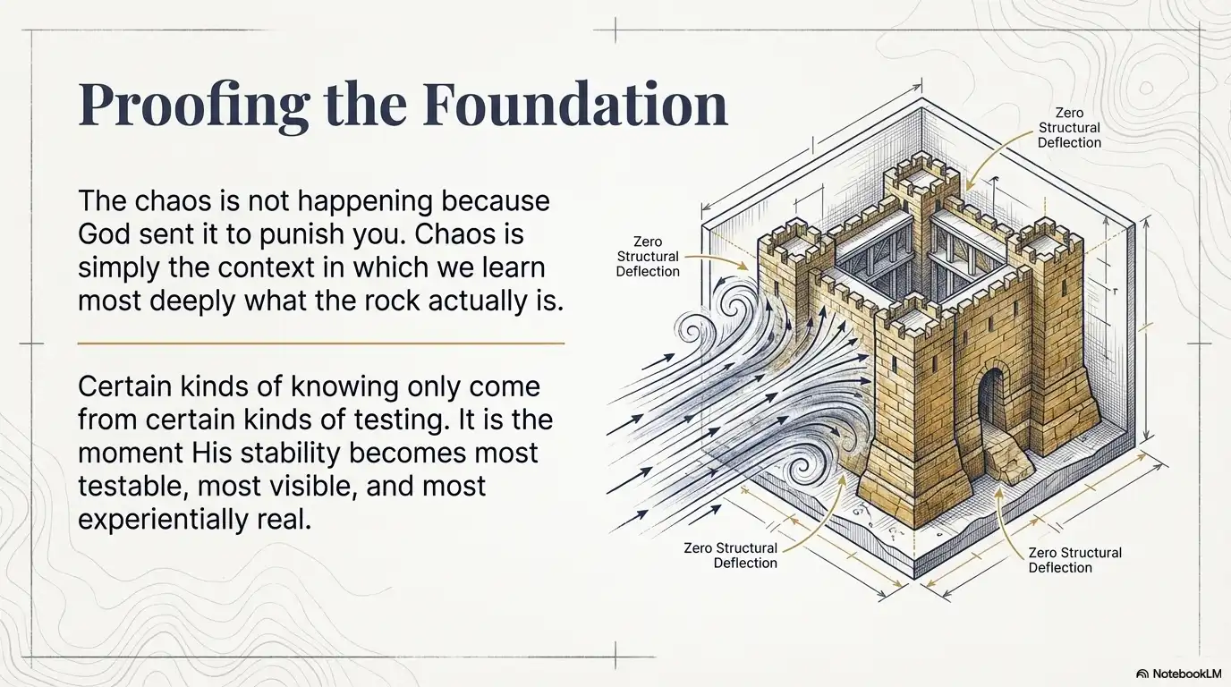 Motivational faith graphic about proofing the foundation through testing, chaos, and visible stability.