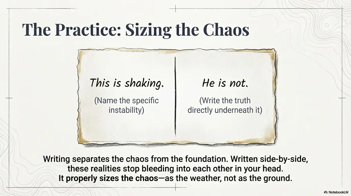 Motivational faith graphic about naming specific instability and writing truth beside it to separate chaos from the foundation.