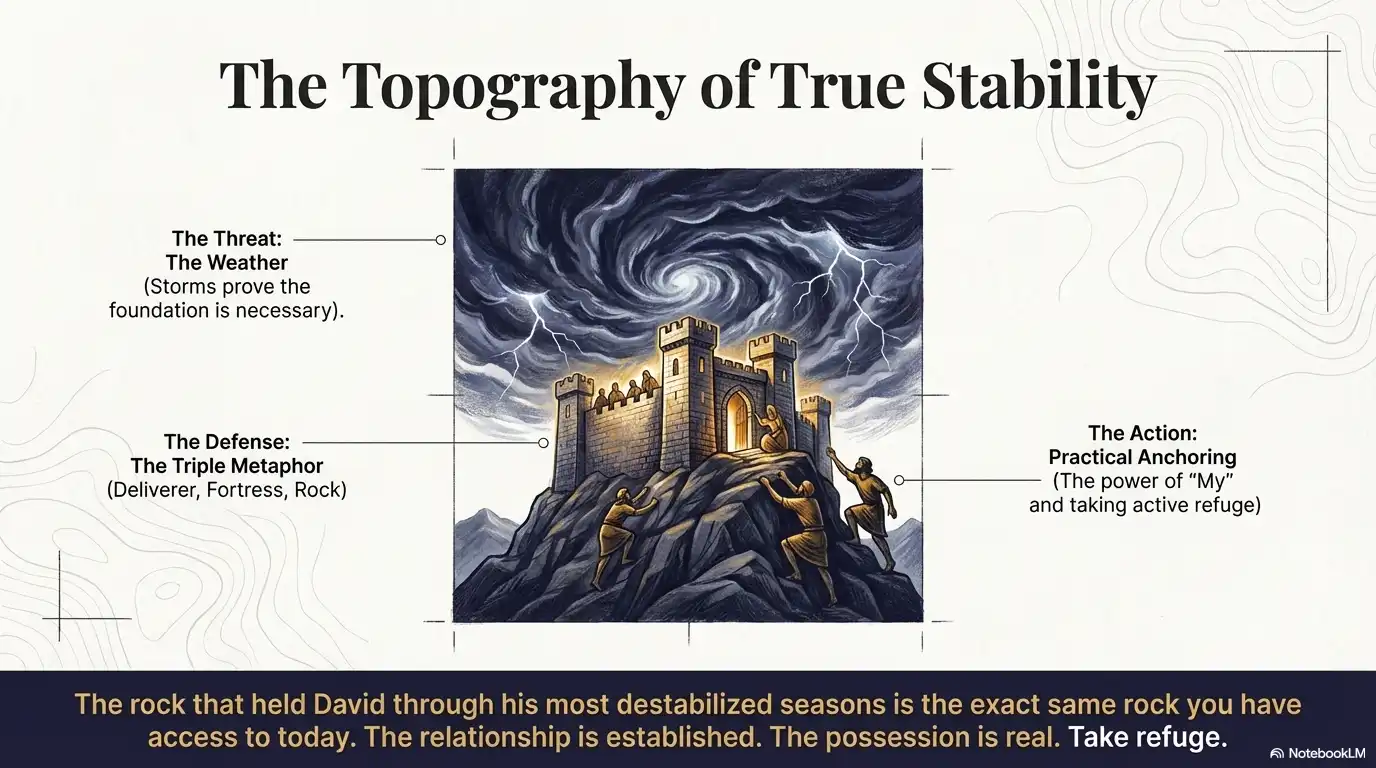 Motivational faith graphic about the topography of true stability, showing storms, defense, and practical anchoring in God.