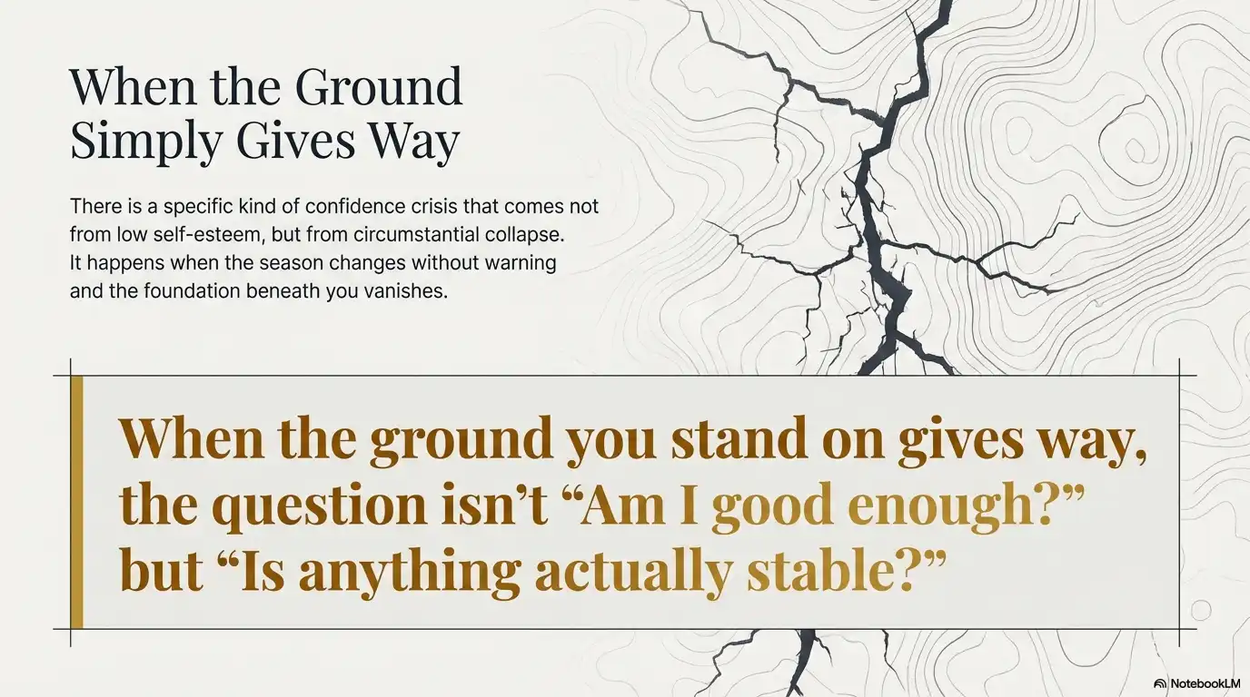 Motivational faith graphic about confidence collapsing when the ground gives way and nothing feels stable.