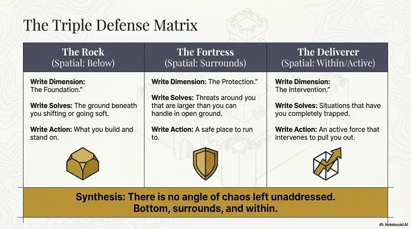 Motivational faith graphic about survival, refuge, and God as rock, fortress, and deliverer.