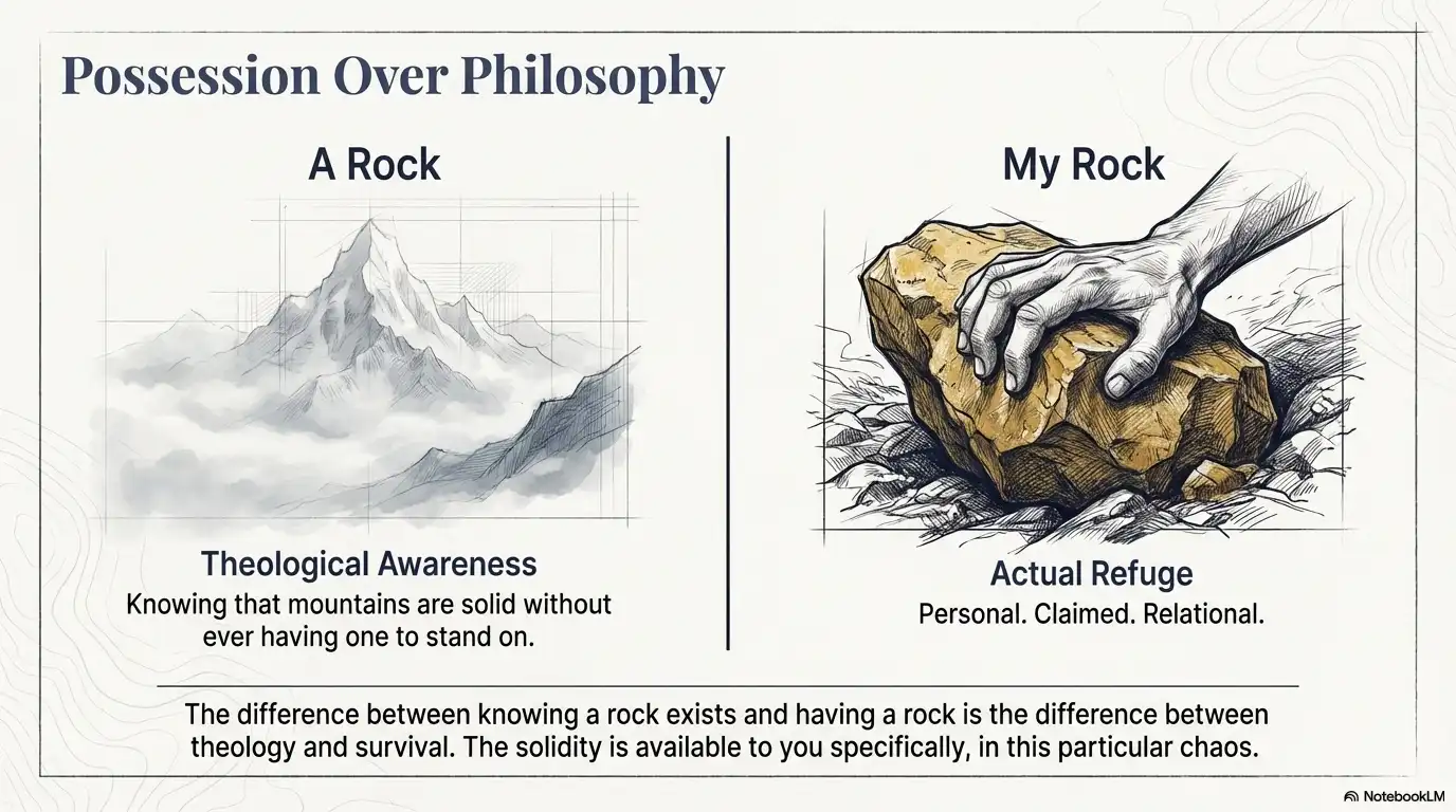 Motivational faith graphic about the triple defense matrix: rock, fortress, and deliverer as foundation, protection, and intervention.