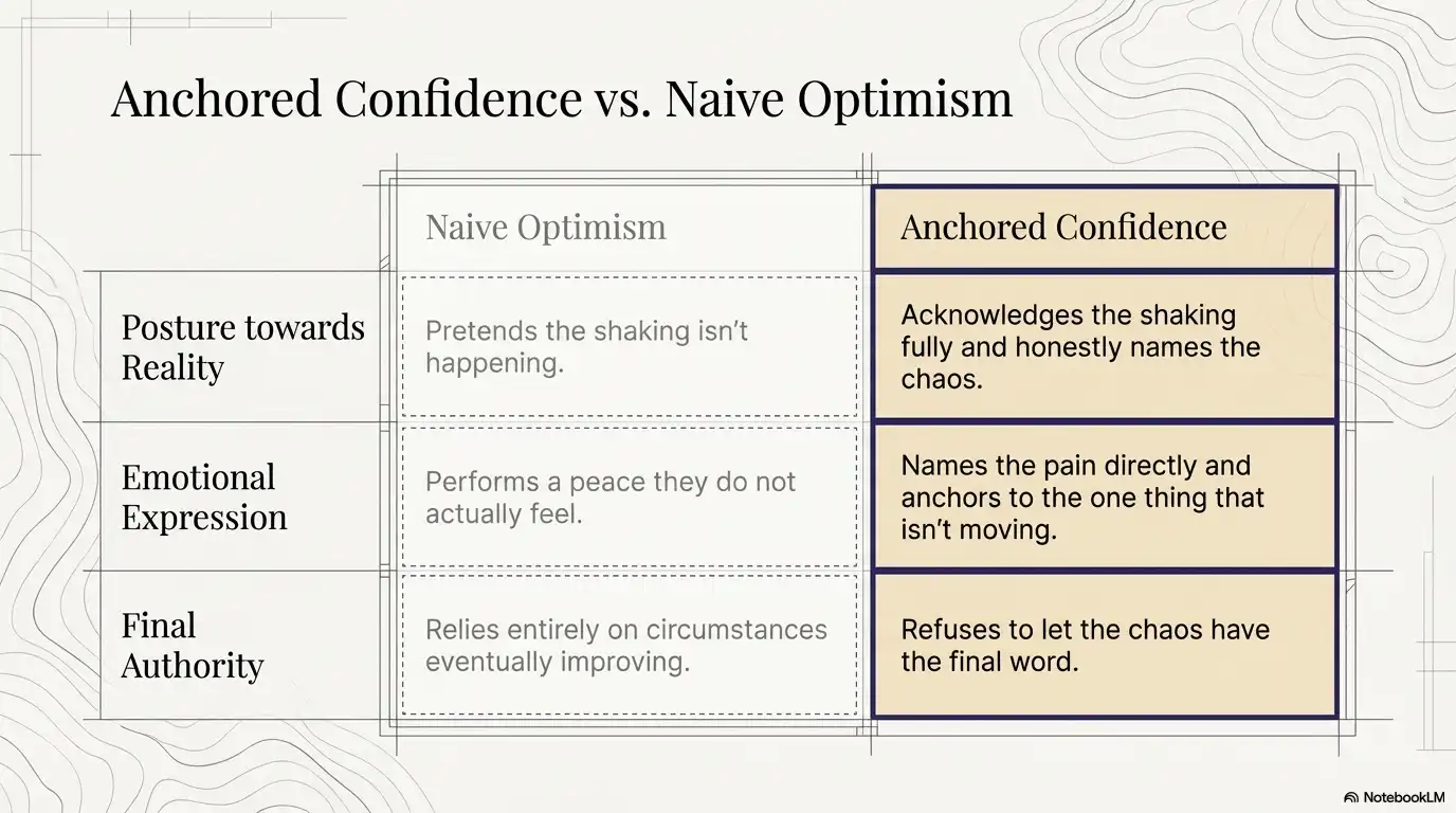 Motivational faith graphic comparing anchored confidence and naive optimism in the face of shaking, pain, and chaos.