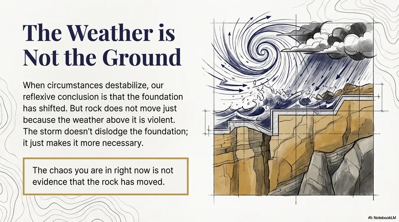 Motivational faith graphic explaining that the weather is not the ground and that chaos does not move the foundation.