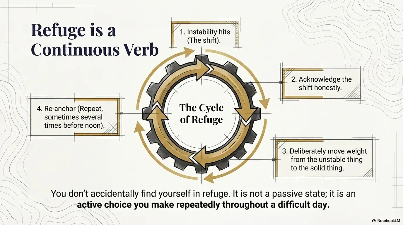Motivational faith graphic about refuge as a repeated active choice through instability, honest acknowledgment, and re-anchoring.