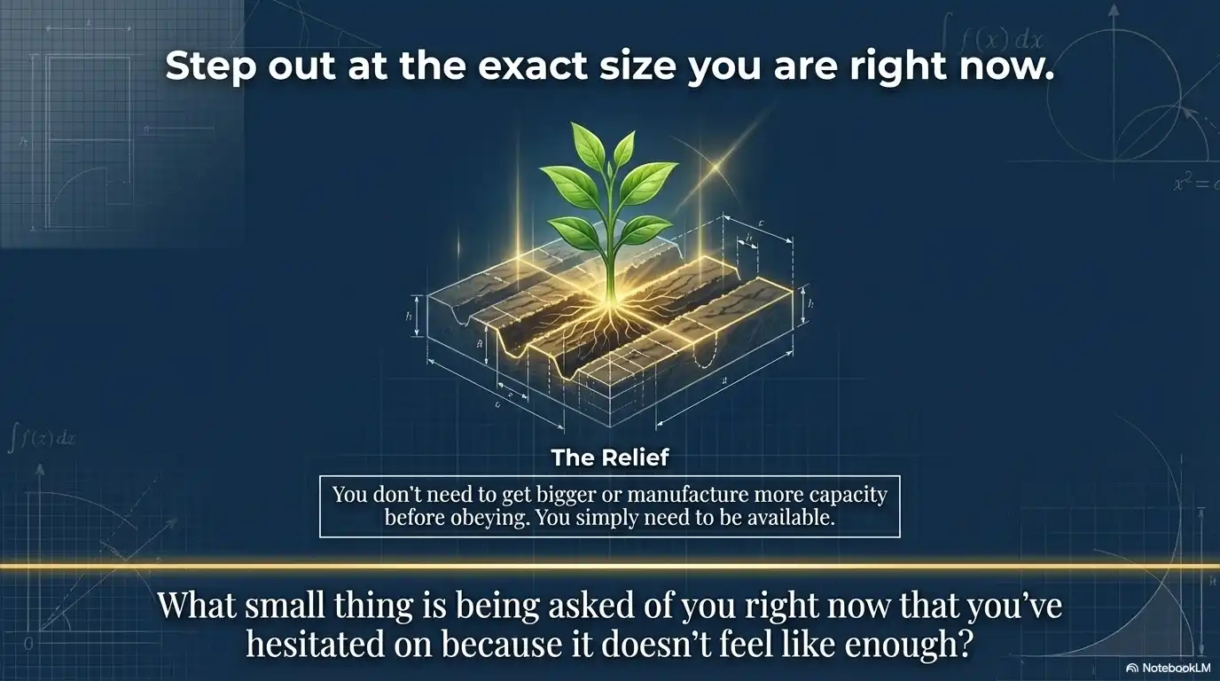 Step out at the exact size you are right now motivational growth graphic with a small plant emerging from a measured foundation.