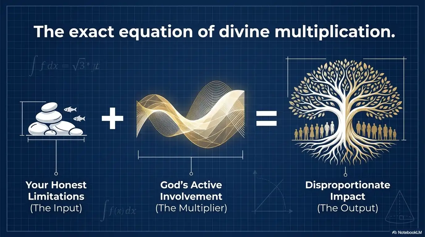 The exact equation of divine multiplication infographic showing limitations plus God’s involvement equals disproportionate impact.
