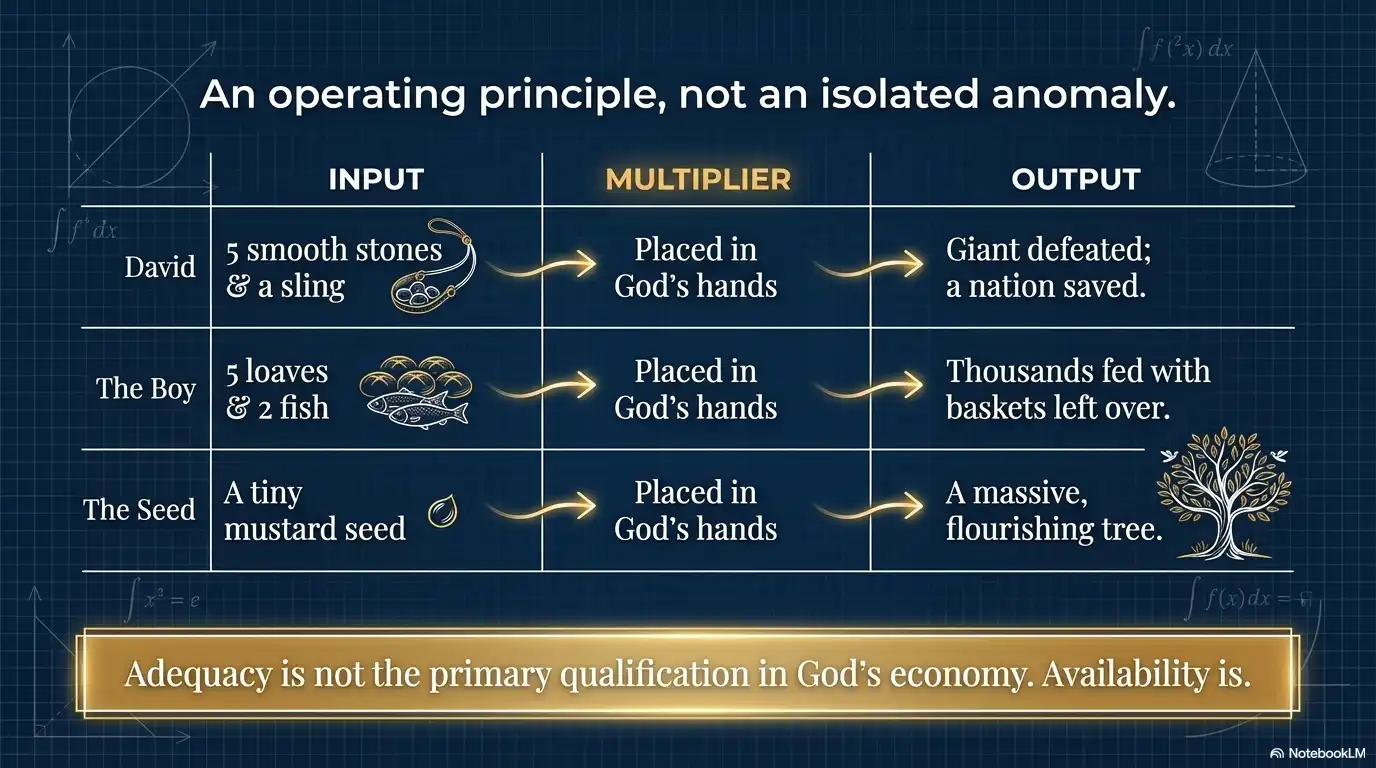 Operating principle infographic showing David, the boy, and the seed placed in God’s hands with multiplied outcomes.