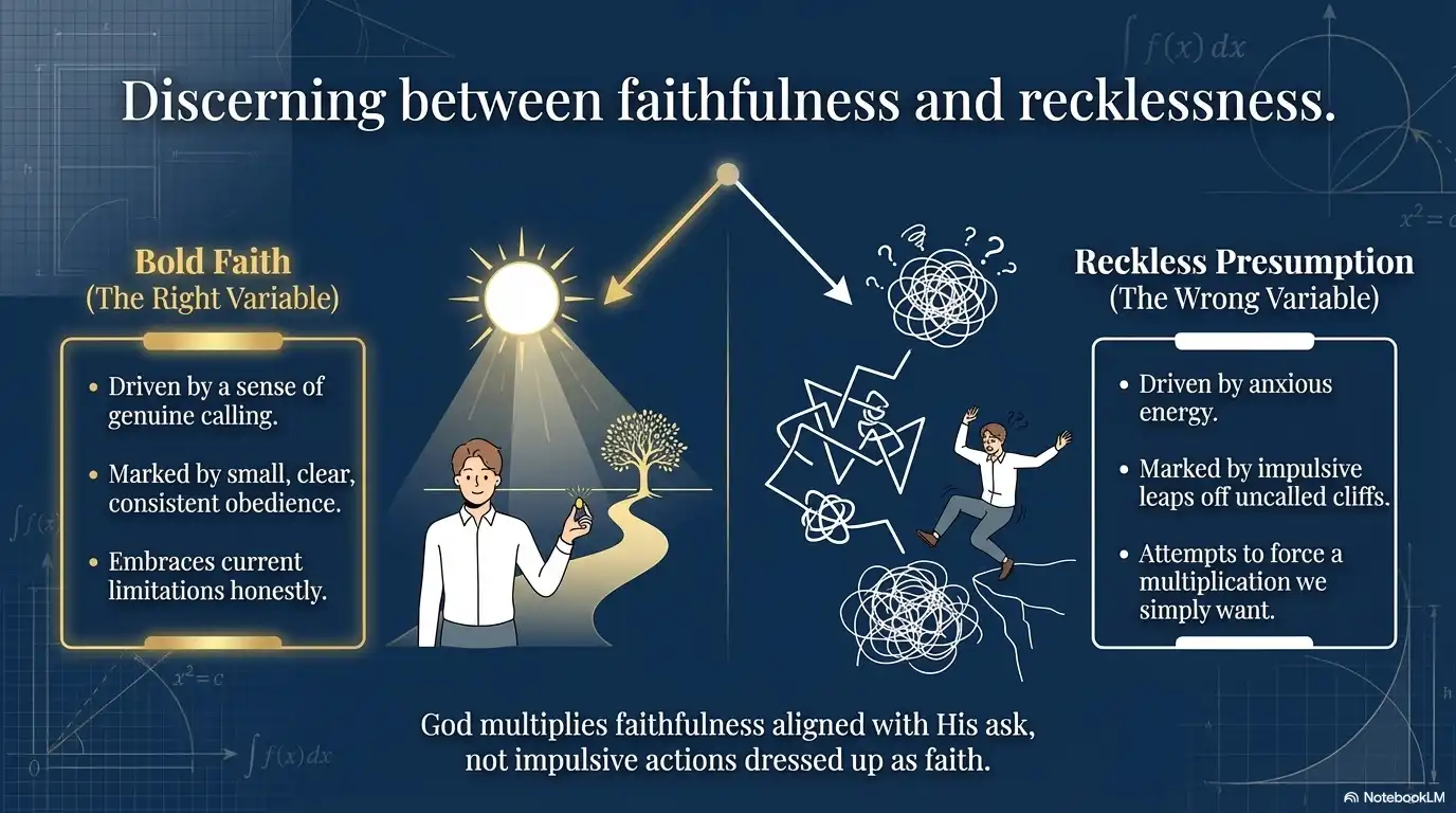 Faithfulness versus recklessness comparison graphic showing bold faith and reckless presumption.