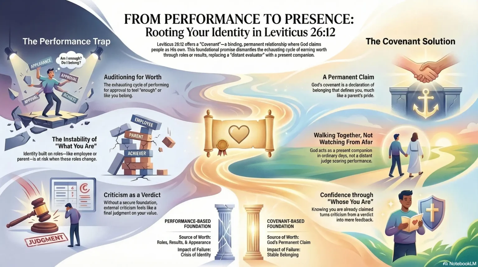 Faith-based infographic about moving from performance-based worth to covenant identity in Leviticus 26:12.