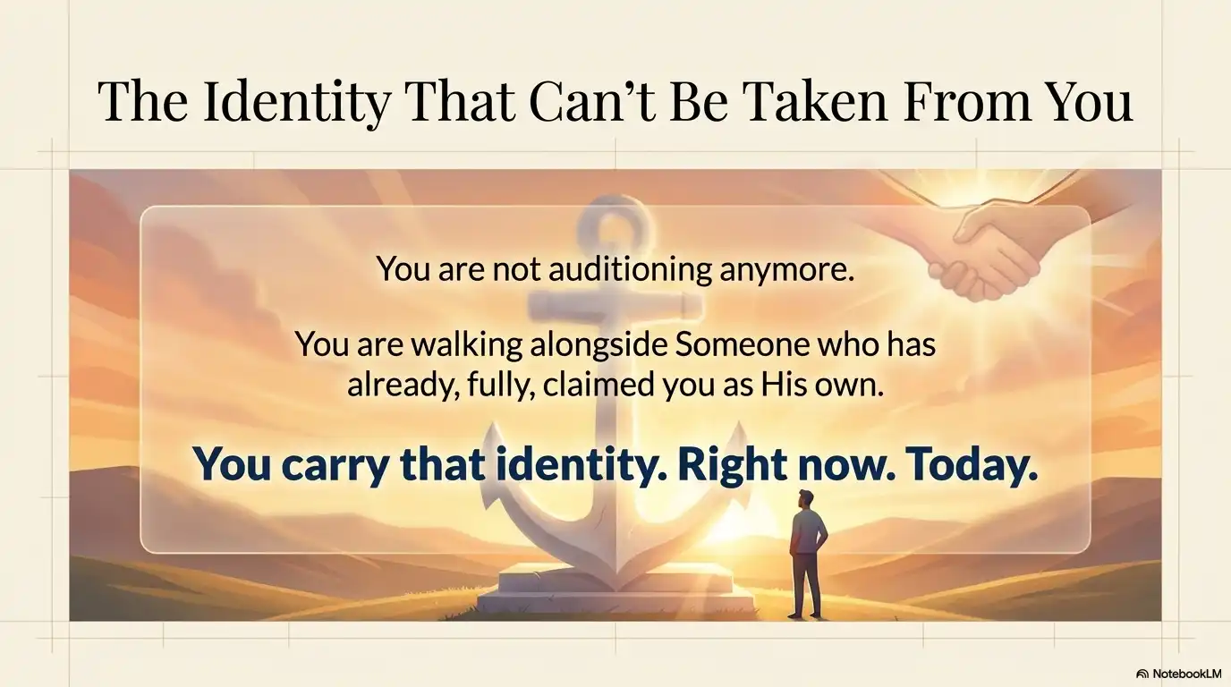 Motivational faith graphic about secure identity, belonging, and walking confidently with God.
