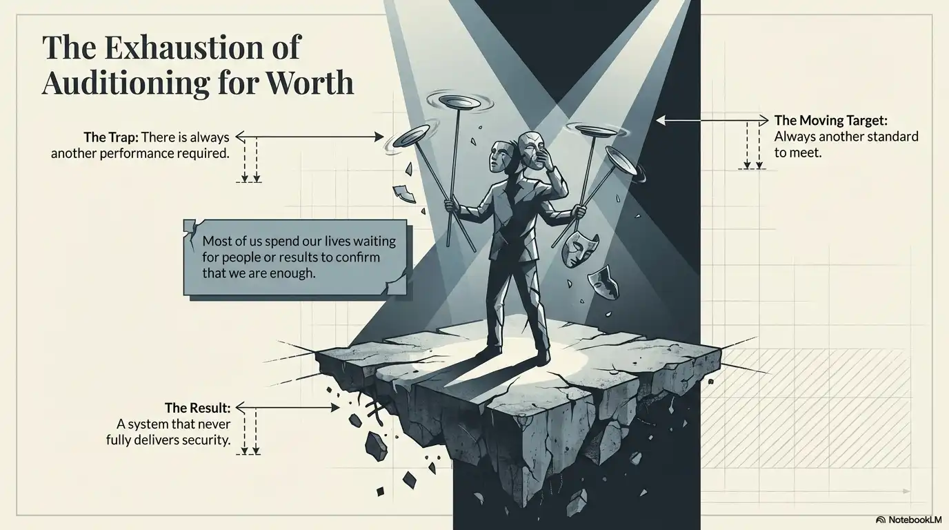 Motivational faith graphic about the exhaustion of auditioning for worth and chasing approval.