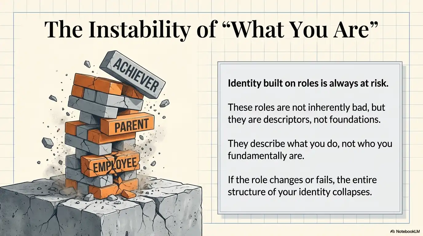Motivational graphic about the instability of identity built on roles like achiever, parent, or employee.