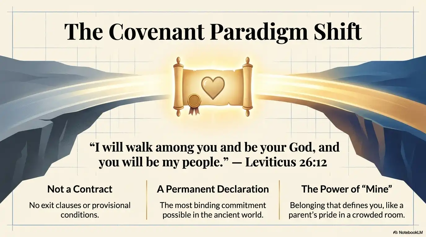 Faith-based motivational graphic about the covenant paradigm shift and belonging in Leviticus 26:12.