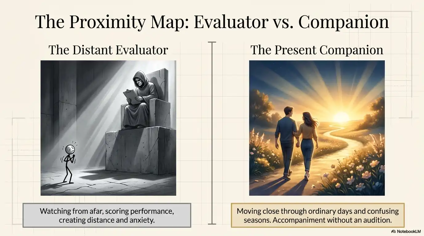 Motivational faith graphic comparing a distant evaluator with a present companion and supportive presence.