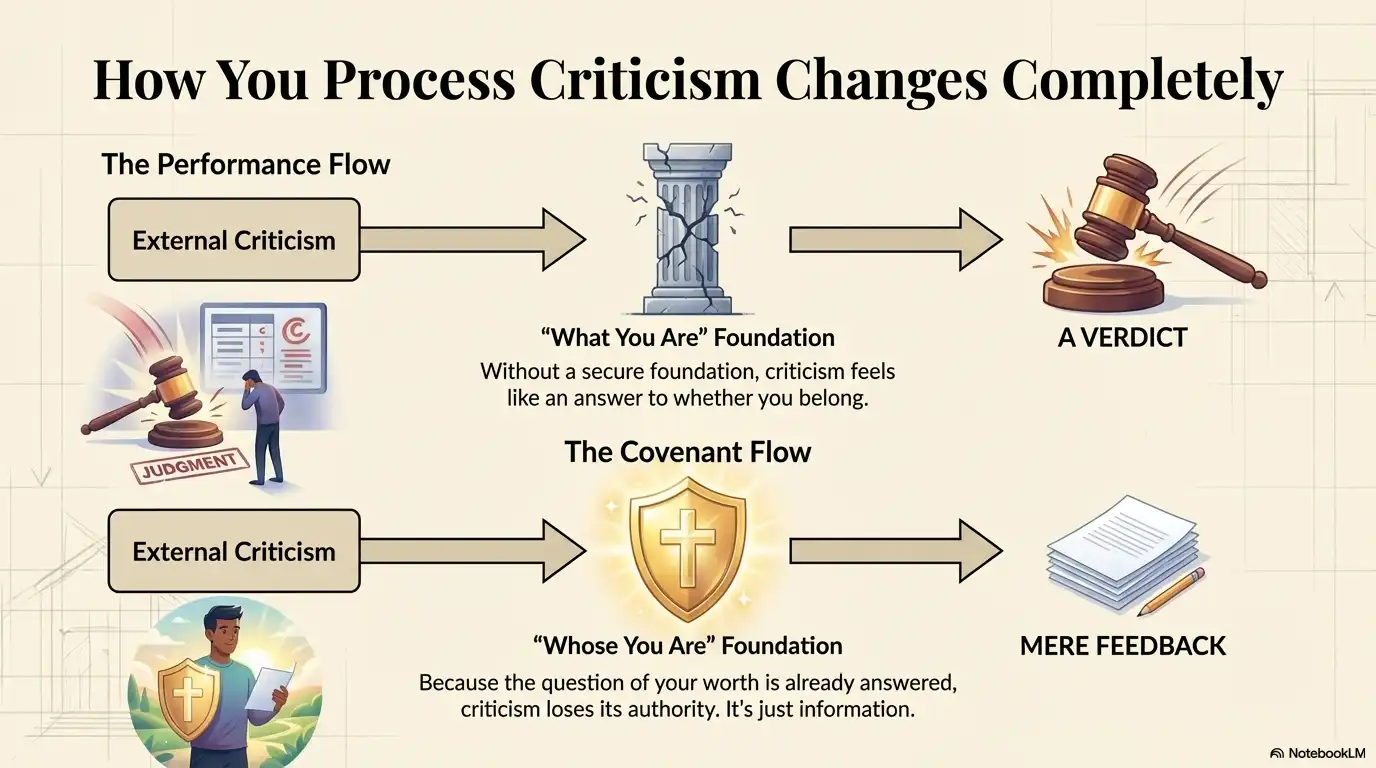 Motivational faith graphic showing how criticism feels different when identity is rooted in performance versus belonging.