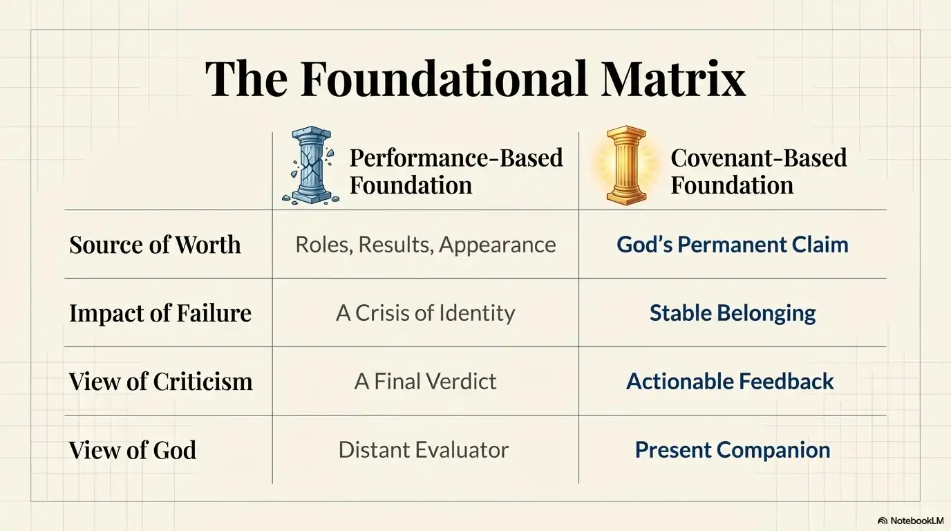 Motivational faith infographic comparing performance-based and covenant-based foundations for identity and growth.