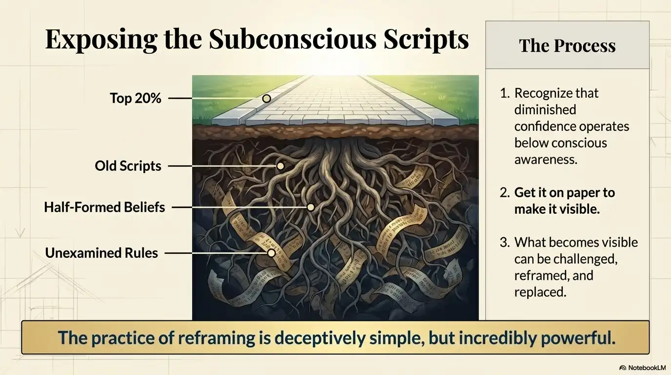Motivational personal development graphic about exposing subconscious scripts, reframing beliefs, and building confidence.