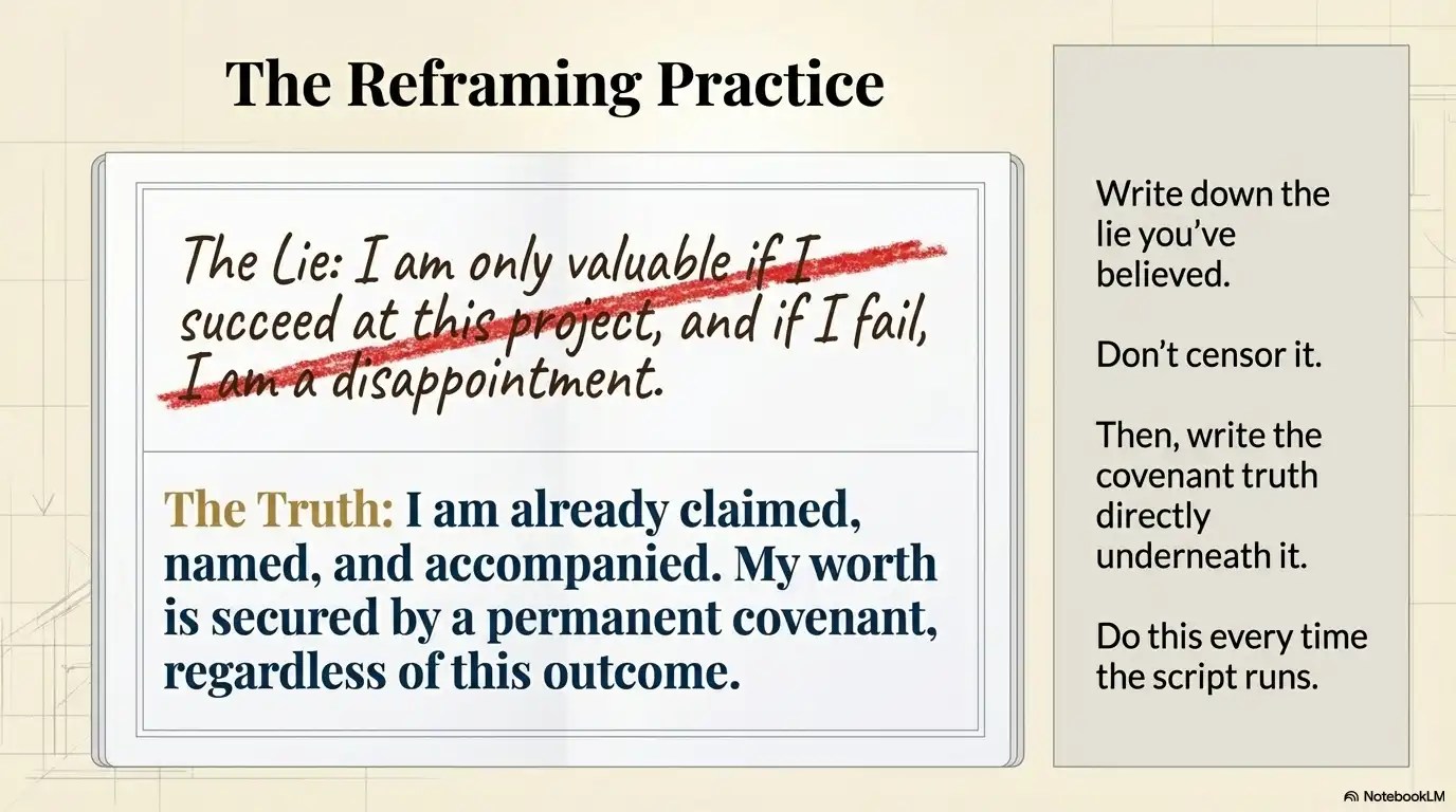 Motivational personal development graphic about reframing limiting beliefs and replacing lies with covenant truth.