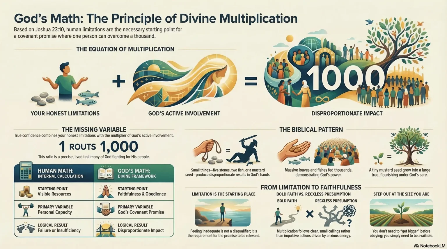 Infographic titled God's Math: The Principle of Divine Multiplication, illustrating how human limitations combined with divine involvement lead to disproportionate impact, comparing human calculations with God's framework.