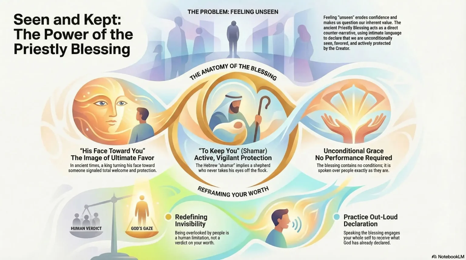 Infographic illustrating the Priestly Blessing from Numbers 6:24-26, depicting God's protection, face shining upon you, and the gift of peace as a foundation for personal growth and security.