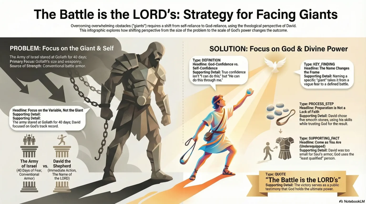 The Battle Is the LORD's strategy for facing giants faith graphic with David and Goliath and God-centered confidence.
