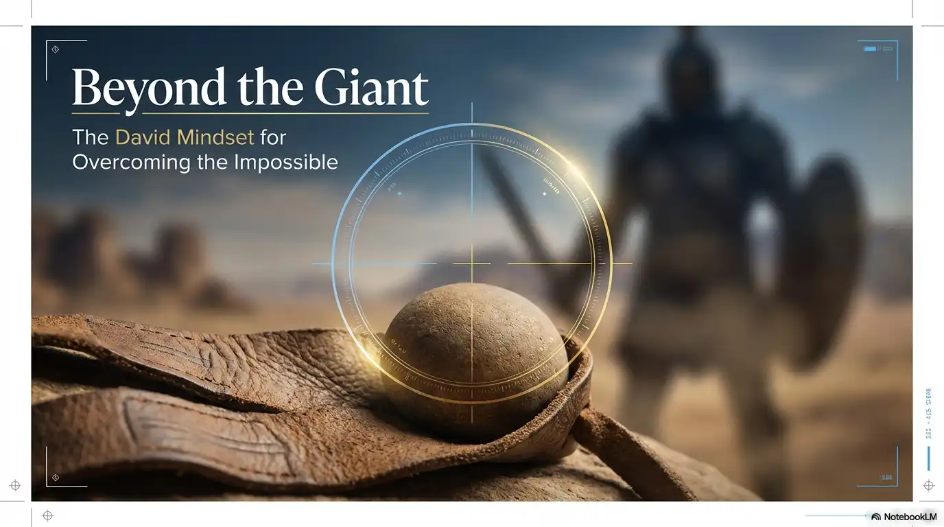 Beyond the Giant David mindset for overcoming the impossible with a slingshot and giant silhouette.