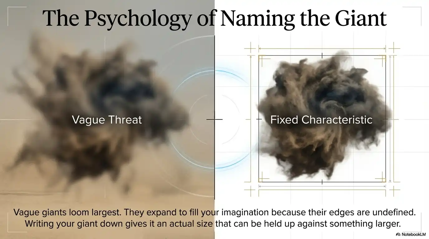 The Psychology of Naming the Giant graphic comparing a vague threat with a fixed characteristic.