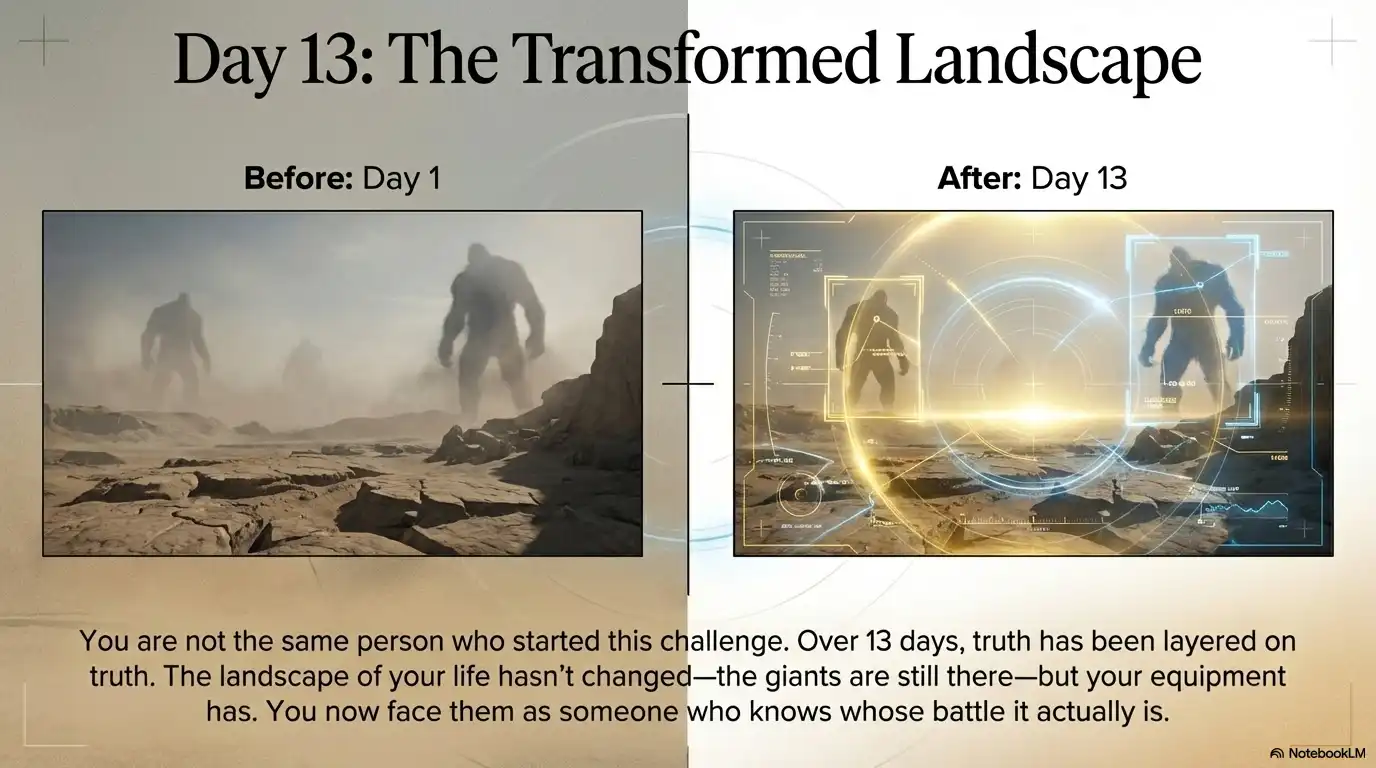 Day 13 transformed landscape graphic comparing before and after growth over a 13-day challenge.