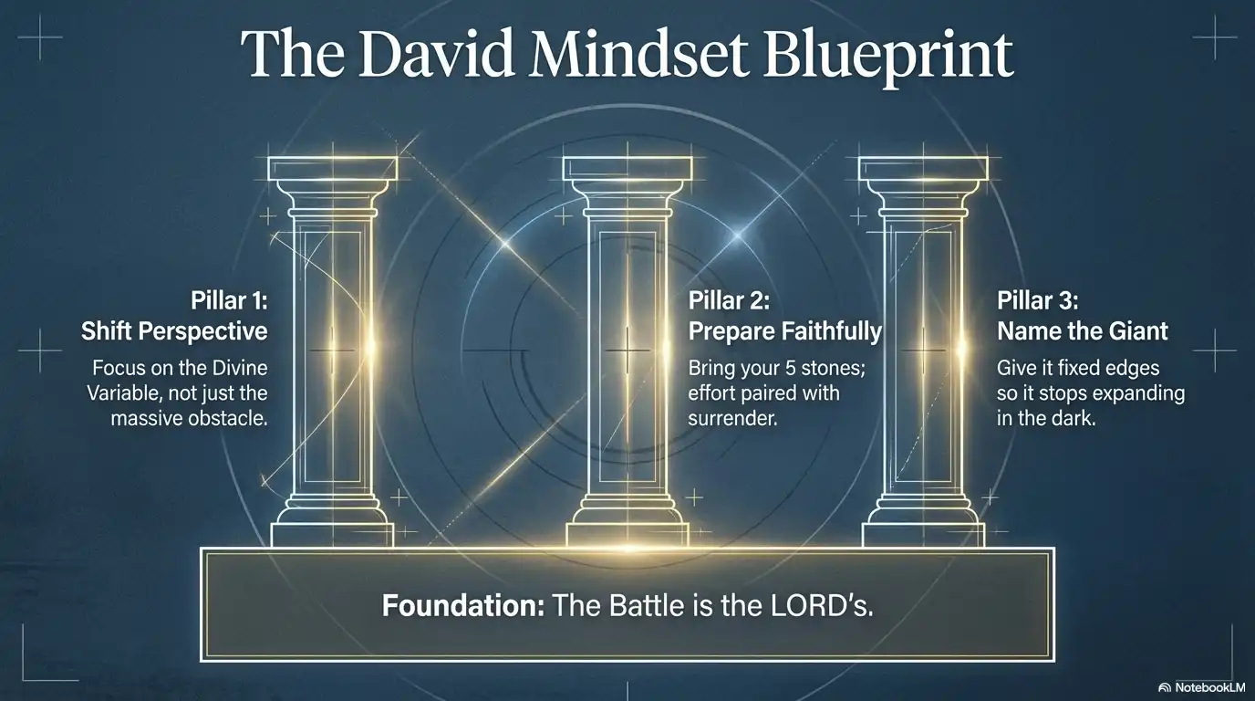 The David Mindset Blueprint infographic with pillars for shifting perspective, preparing faithfully, and naming the giant.
