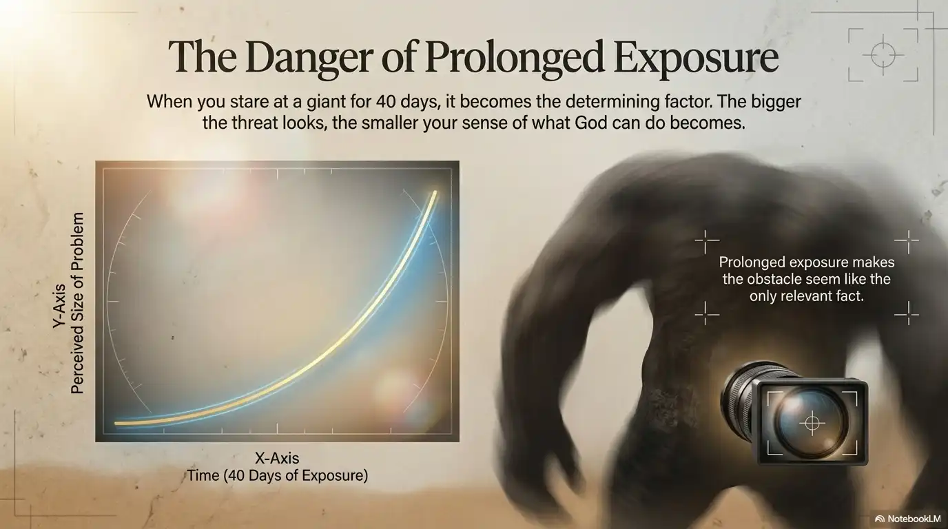 The danger of prolonged exposure graphic showing how repeated focus on a giant distorts perception over time.