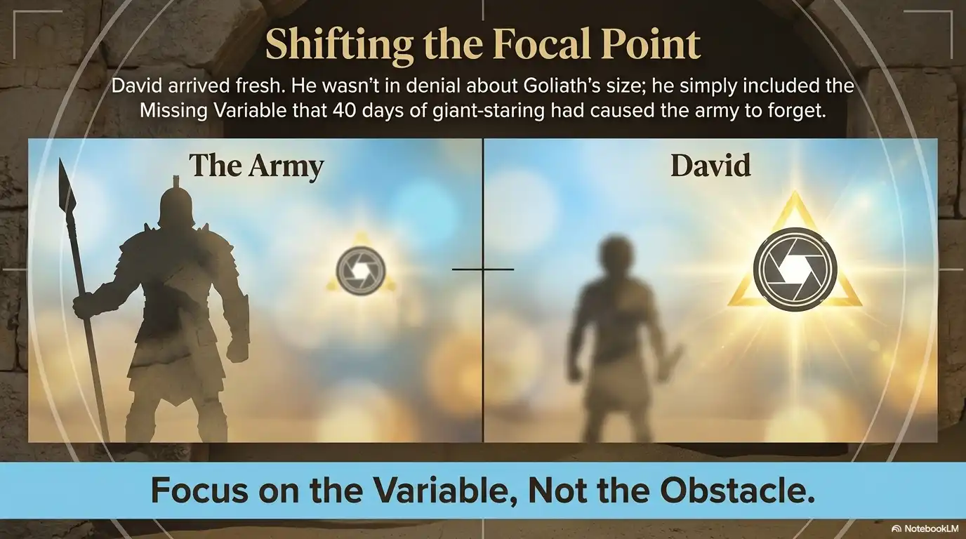 Shifting the focal point graphic showing David and the army with focus on the variable, not the obstacle.