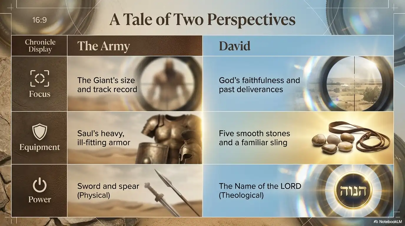 A Tale of Two Perspectives comparison graphic showing the army and David with focus, equipment, and power.