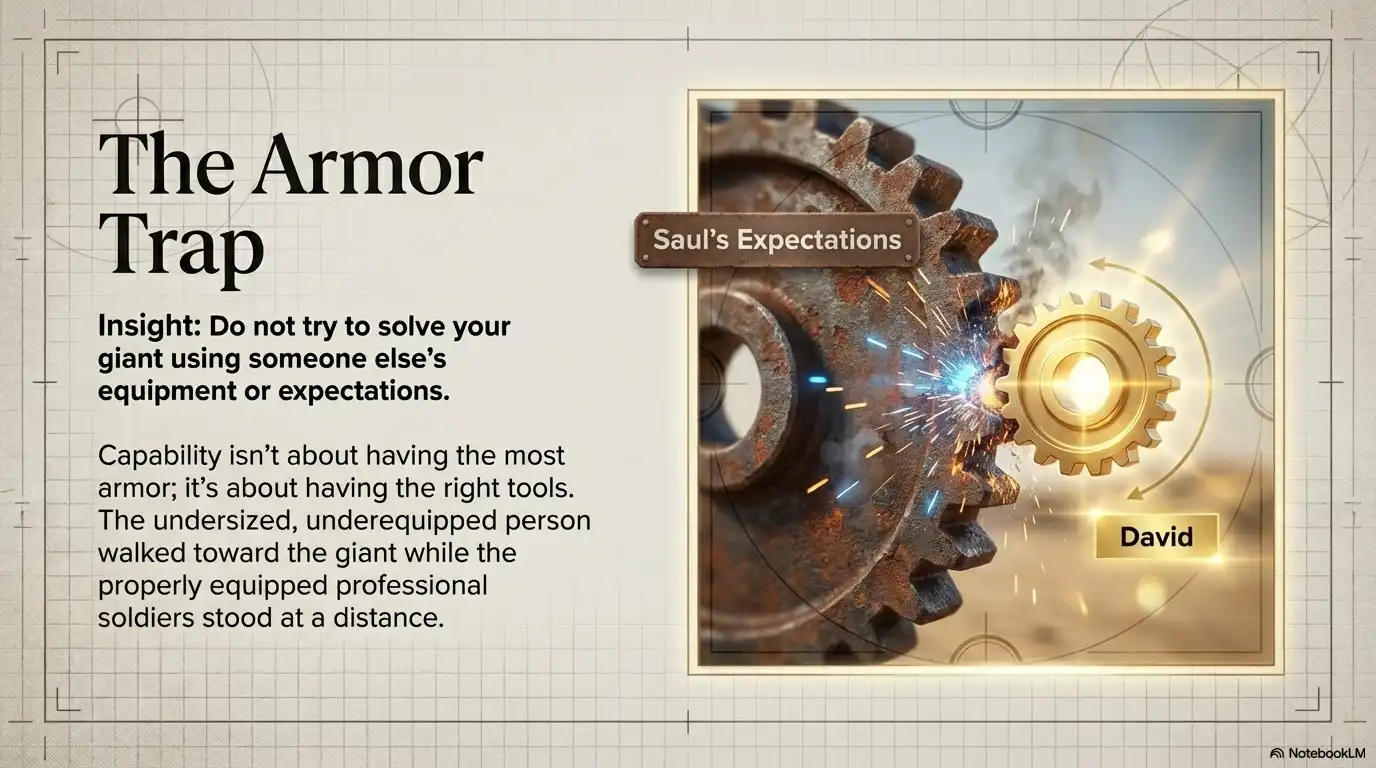 The Armor Trap graphic showing Saul's expectations, David, and the lesson of using the right tools.