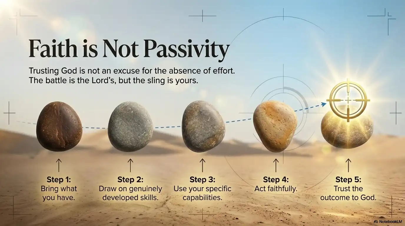 Faith is not passivity motivational graphic showing five steps of faithful action with stones and target.
