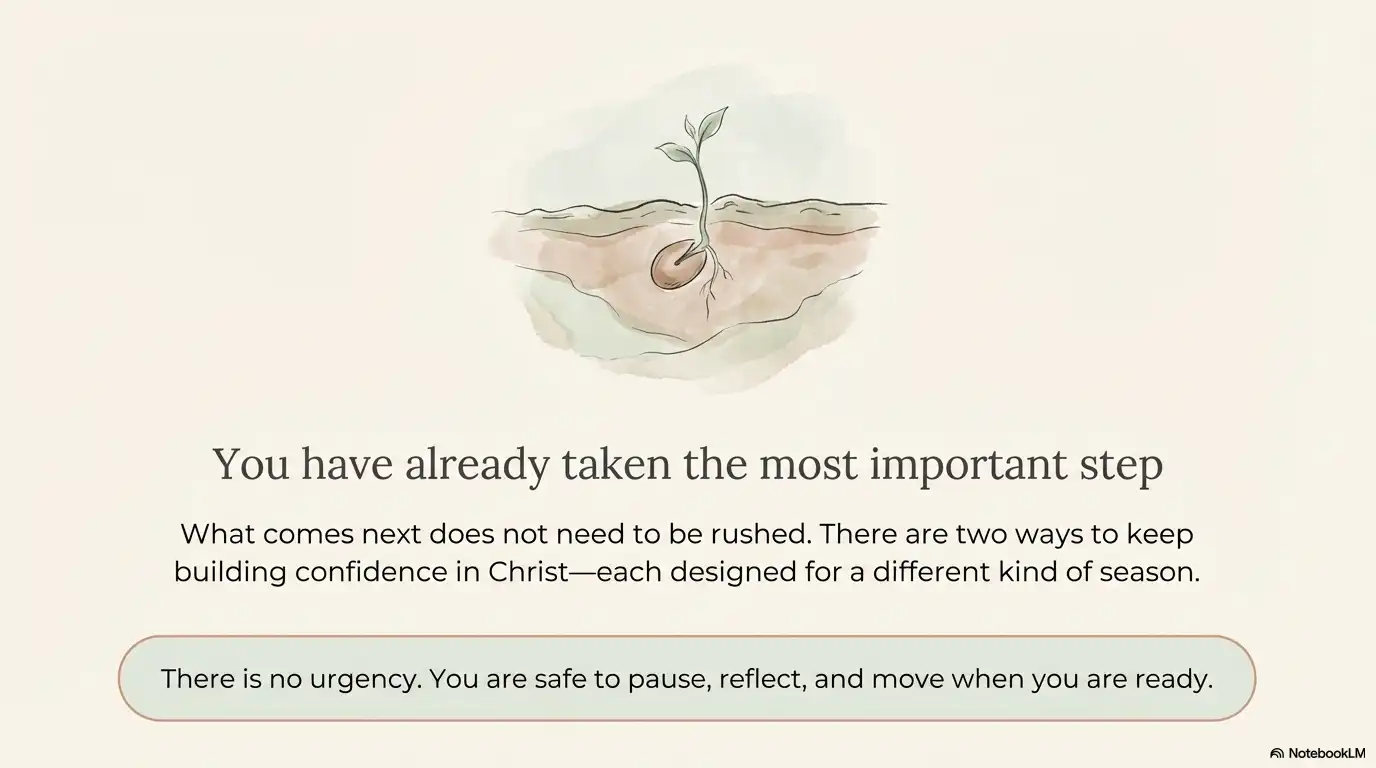 Minimalist illustration of a sprouting plant growing from soil with the message that you have already taken the most important step and can pause before choosing the next path.