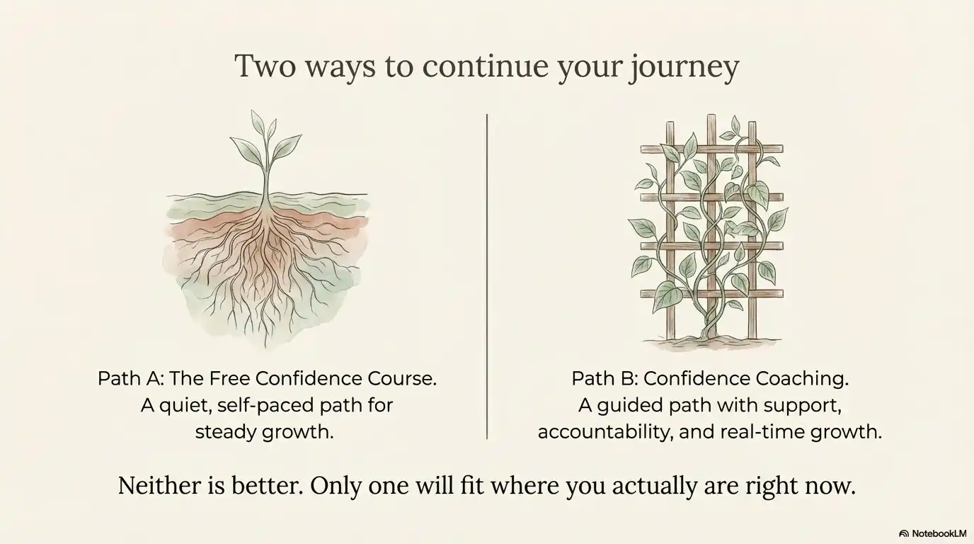 Illustration comparing two paths to continue a journey: a self-paced free confidence course shown as roots growing deep, and confidence coaching shown as a vine supported by a trellis.