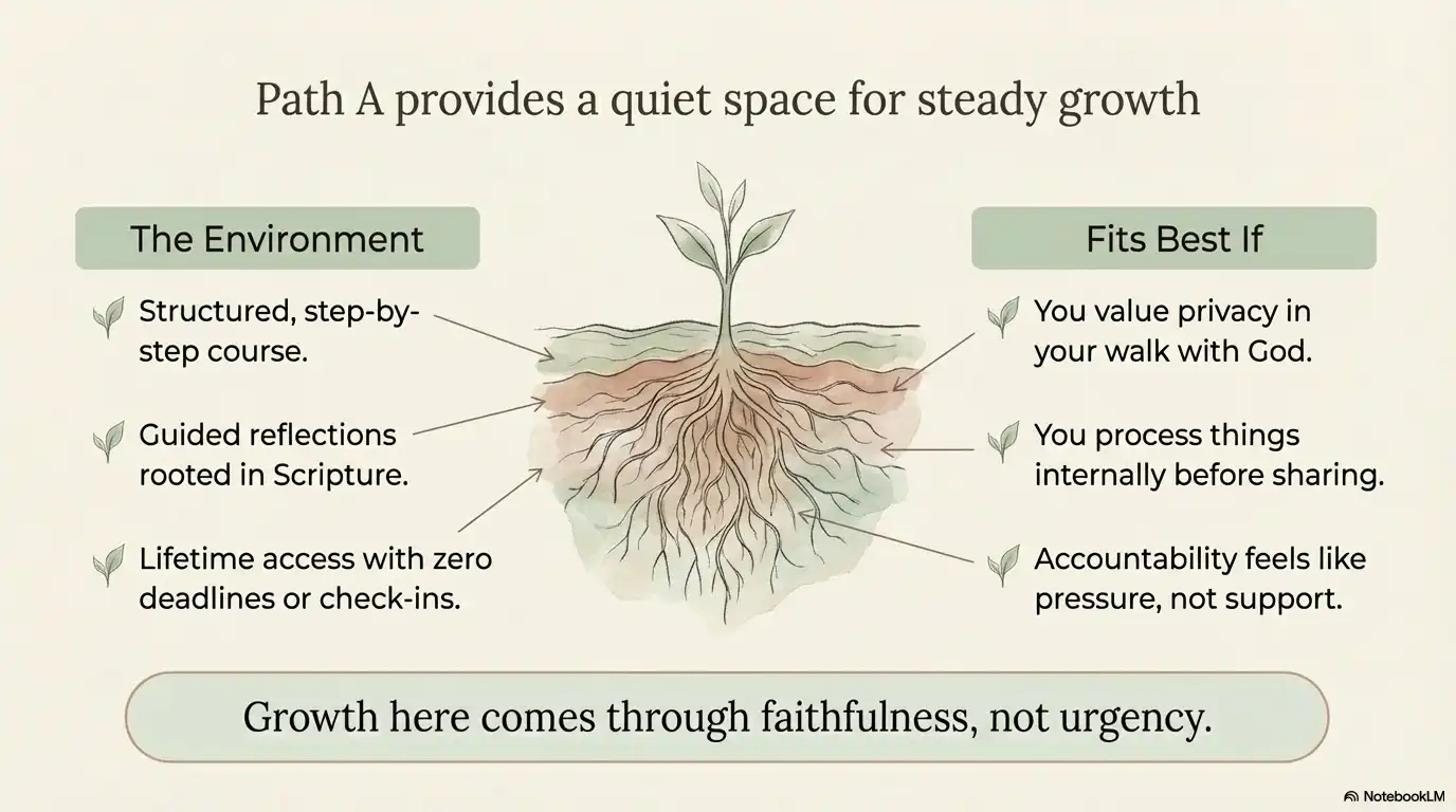 Illustration explaining that Path A is a quiet space for steady growth, with notes about privacy, internal reflection, structured Scripture-based learning, and lifetime access.