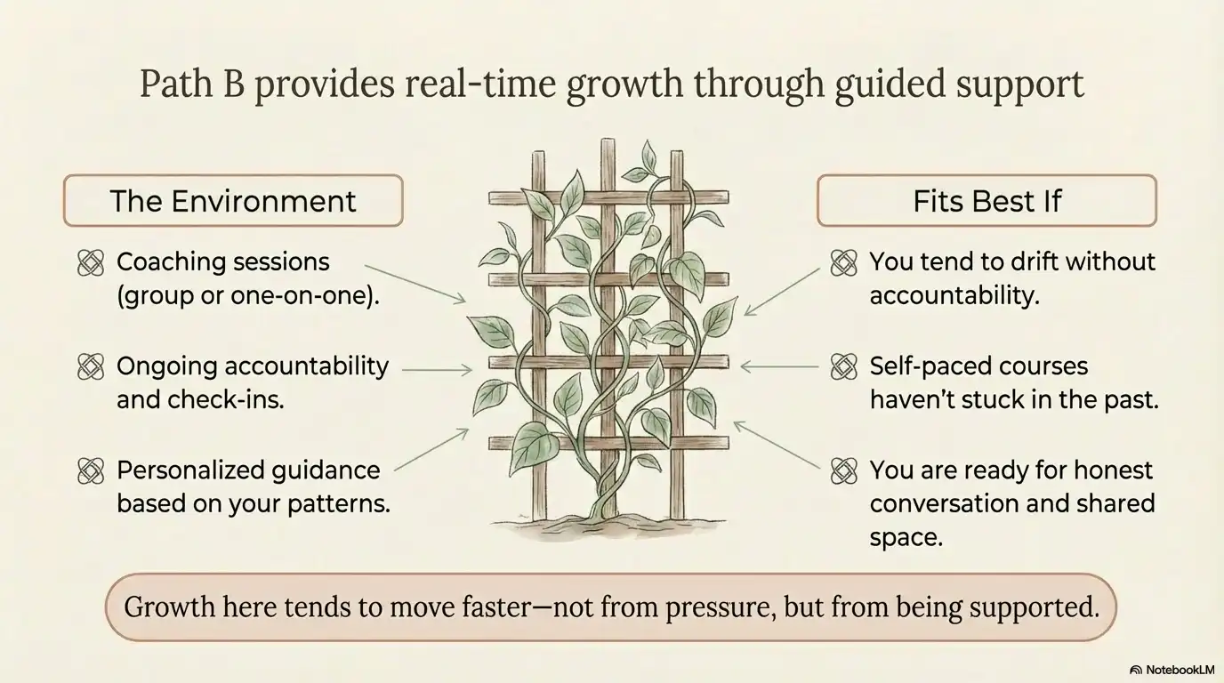Illustration explaining that Path B provides real-time growth through guided support, with notes about coaching, accountability, personalized guidance, and shared conversation.