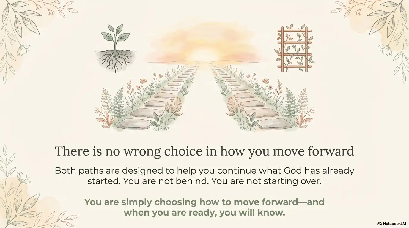 Illustration of two peaceful paths leading forward with a message that there is no wrong choice in how you move forward and that both paths help you continue.