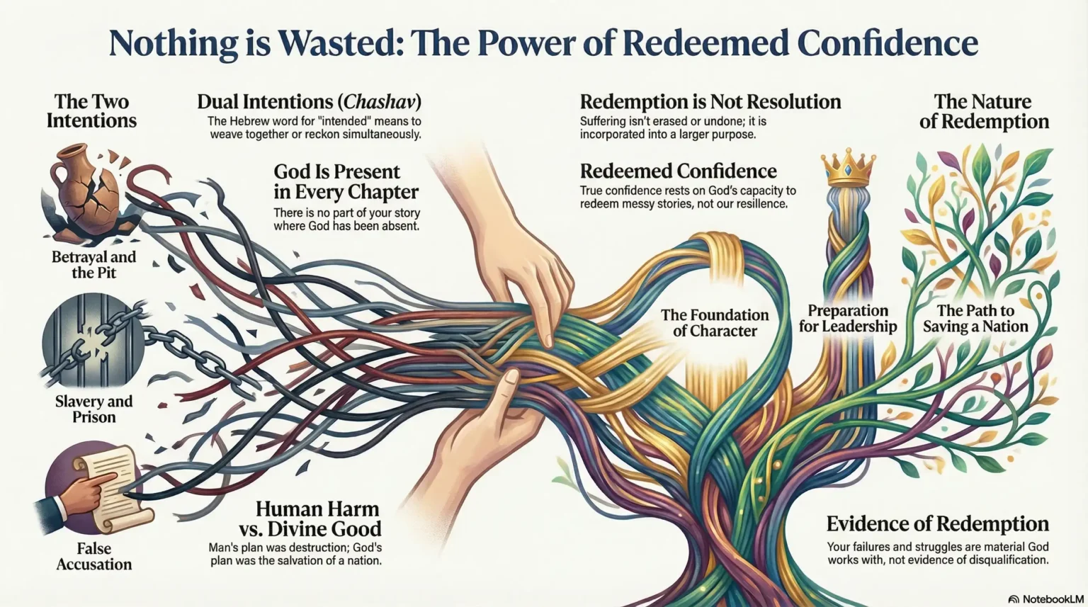 Nothing is Wasted The Power of Redeemed Confidence infographic with woven storylines of betrayal, redemption, and purpose.