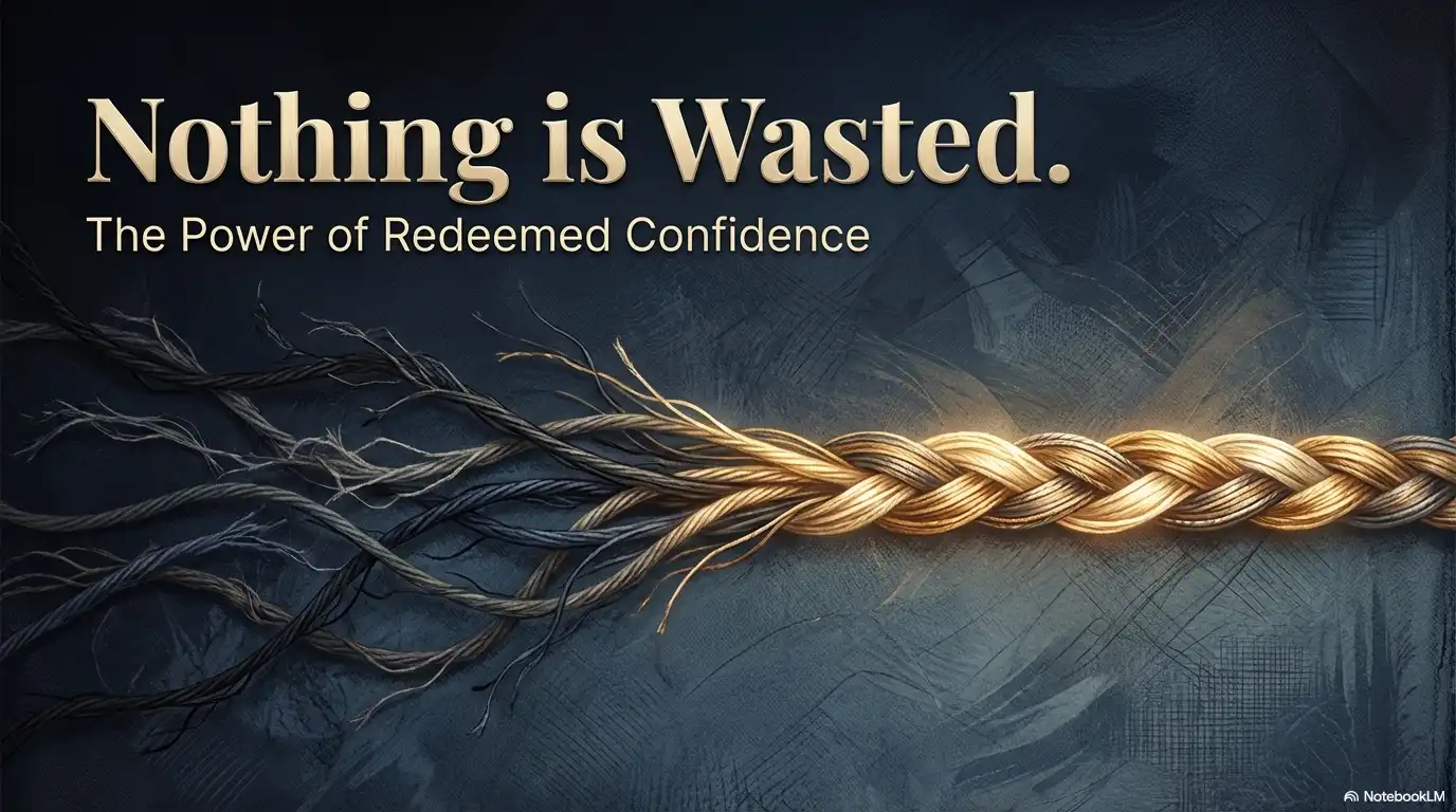 Nothing is Wasted the Power of Redeemed Confidence dark motivational graphic with woven gold and black strands.