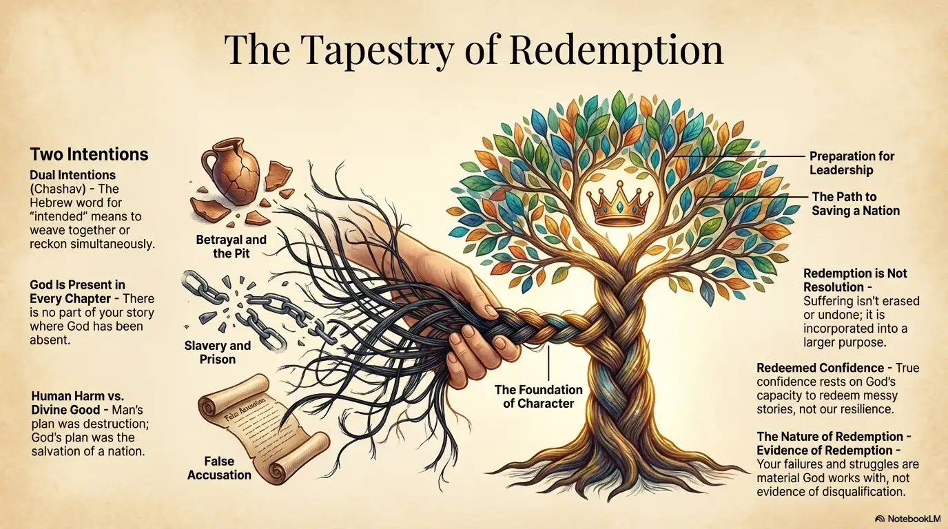The Tapestry of Redemption faith infographic showing betrayal, slavery, false accusation, and redemption woven into purpose.